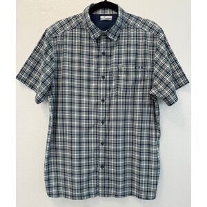 Columbia PFG Navy White Plaid Short Sleeve Vented Fishing Sportsman Shirt Medium